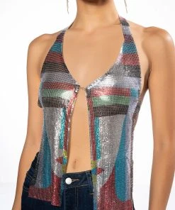 GOING OUT TONIGHT HIGH SHINE CHAINMAIL FRONT CLASP HALTER TOP -akira shop luciana chainmail front clasp halter top multi 6 6