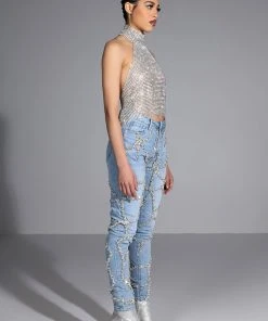 MAKE A WISH RHINESTONE HIGH WAISTED SKINNY JEAN -akira shop make a wish rhinestone high waisted skinny jean light blue denim 6 6