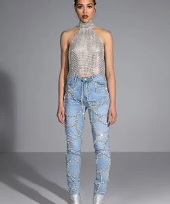 MAKE A WISH RHINESTONE HIGH WAISTED SKINNY JEAN -akira shop make a wish rhinestone high waisted skinny jean light blue denim 7 7
