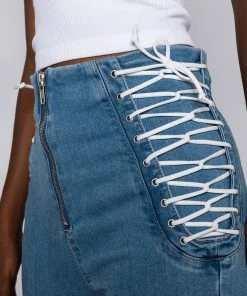 MARGOT LACE UP SKINNY JEANS -akira shop margot lace up skinny jeans medium blue denim 4c1