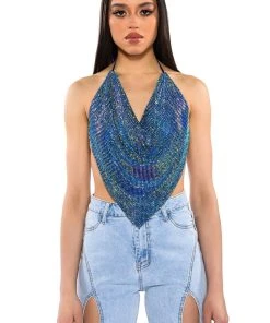 MIAMI CALLIN RHINESTONE CHAINMAIL TOP IN BLUE