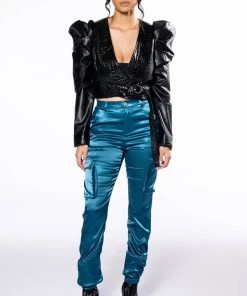 MISSION IMPOSSIBLE SATIN CARGO JOGGER PANTS -akira shop mission impossible satin cargo jogger pants navy 7 7