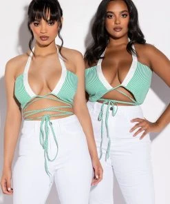 MODERN ART WRAP FRONT POPLIN HALTER CROP TOP -akira shop modern art wrap front poplin halter crop top green multi 3 3