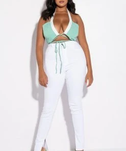 MODERN ART WRAP FRONT POPLIN HALTER CROP TOP -akira shop modern art wrap front poplin halter crop top green multi 5 5