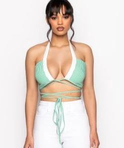 MODERN ART WRAP FRONT POPLIN HALTER CROP TOP -akira shop modern art wrap front poplin halter crop top green multi 7 7
