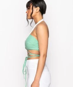 MODERN ART WRAP FRONT POPLIN HALTER CROP TOP -akira shop modern art wrap front poplin halter crop top green multi 8 8