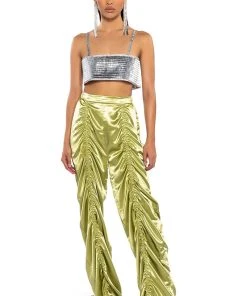 NEVER REGULAR CINCHED SATIN HIGH RISE PANTS -akira shop never regular cinched satin high rise pants green 3 3