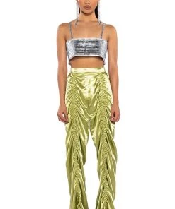 NEVER REGULAR CINCHED SATIN HIGH RISE PANTS -akira shop never regular cinched satin high rise pants green 4 4