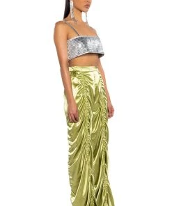 NEVER REGULAR CINCHED SATIN HIGH RISE PANTS -akira shop never regular cinched satin high rise pants green 5 5