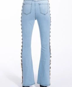 NEW SENSATION CHAIN DETAIL HIGH WAISTED FLARE JEANS -akira shop new sensation chain detail high waisted flare jeans light blue 5 5