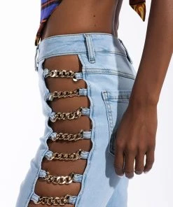 NEW SENSATION CHAIN DETAIL HIGH WAISTED FLARE JEANS -akira shop new sensation chain detail high waisted flare jeans light blue 6 6
