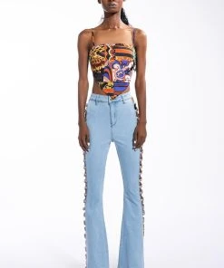 NEW SENSATION CHAIN DETAIL HIGH WAISTED FLARE JEANS -akira shop new sensation chain detail high waisted flare jeans light blue 7 7