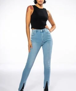 NIGHTFALL MID RISE SKINNY JEANS WITH FRONT SLIT -akira shop nightfall mid rise skinny jeans with front slit light blue denim 2 2 c1