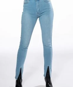 NIGHTFALL MID RISE SKINNY JEANS WITH FRONT SLIT -akira shop nightfall mid rise skinny jeans with front slit light blue denim 4 4 c1