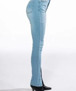 NIGHTFALL MID RISE SKINNY JEANS WITH FRONT SLIT -akira shop nightfall mid rise skinny jeans with front slit light blue denim 5 5 c1