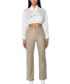 OFF DUTY FAUX LEATHER COATED STRAIGHT LEG PANT -akira shop off duty faux leather coated straight leg pant light brown 3 3