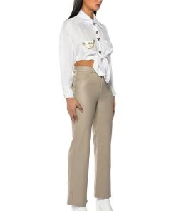 OFF DUTY FAUX LEATHER COATED STRAIGHT LEG PANT -akira shop off duty faux leather coated straight leg pant light brown 4 4