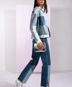 ON THE ROAD AGAIN HIGH RISE STRAIGHT LEG PATCHWORK JEANS -akira shop on the road again high rise straight leg patchwork jeans medium blue denim 3 3