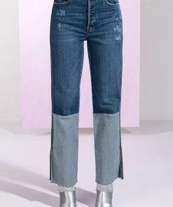 ON THE ROAD AGAIN HIGH RISE STRAIGHT LEG PATCHWORK JEANS -akira shop on the road again high rise straight leg patchwork jeans medium blue denim 5 5