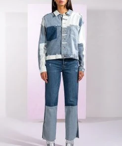 ON THE ROAD AGAIN HIGH RISE STRAIGHT LEG PATCHWORK JEANS -akira shop on the road again high rise straight leg patchwork jeans medium blue denim 9 9