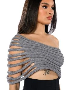 ONE SHOULDER RIB KNIT LAYERING TUBE TOP -akira shop one shoulder rib knit layering tube top gray 4 4