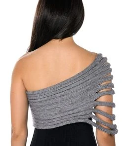 ONE SHOULDER RIB KNIT LAYERING TUBE TOP -akira shop one shoulder rib knit layering tube top gray 9 9