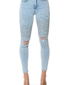 OUTTA THIS WORLD DISTRESSED RHINESTONE HIGH RISE SKINNY JEANS -akira shop outta this world distressed rhinestone high rise skinny jeans light blue denim 5 5 c1