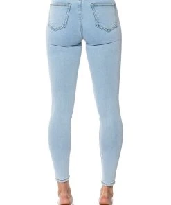 OUTTA THIS WORLD DISTRESSED RHINESTONE HIGH RISE SKINNY JEANS -akira shop outta this world distressed rhinestone high rise skinny jeans light blue denim 7 7 c1