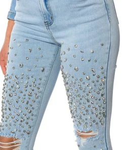OUTTA THIS WORLD DISTRESSED RHINESTONE HIGH RISE SKINNY JEANS -akira shop outta this world distressed rhinestone high rise skinny jeans light blue denim 8 8 c1