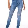 OUTTA THIS WORLD DISTRESSED RHINESTONE HIGH RISE SKINNY JEANS -akira shop outta this world distressed rhinestone high rise skinny jeans medium blue denim 1 1 c1