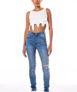 OUTTA THIS WORLD DISTRESSED RHINESTONE HIGH RISE SKINNY JEANS 15 OUTTA THIS WORLD DISTRESSED RHINESTONE HIGH RISE SKINNY JEANS -akira shop outta this world distressed rhinestone high rise skinny jeans medium blue denim 7 7