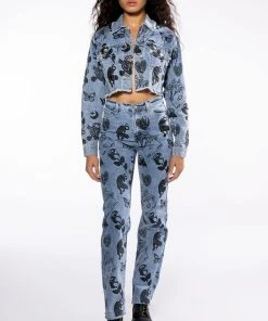 PAINTED TATTOO STRAIGHT LEG DENIM -akira shop painted tattoo straight leg denim light blue denim 7 7