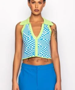 PLAY IT AGAIN CROPPED COLLARED TOP -akira shop play it again cropped collared top green multi 7 7 c1