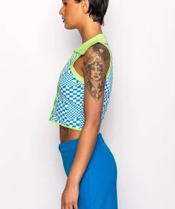 PLAY IT AGAIN CROPPED COLLARED TOP -akira shop play it again cropped collared top green multi 8 8 c1