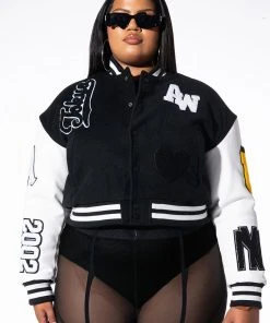 PLUS AZALEA WANG RUELA VARSITY JACKET -akira shop plus azalea wang keep it classic patch varsity jacket black white 5 5 c1