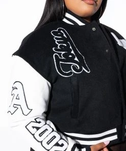 PLUS AZALEA WANG RUELA VARSITY JACKET -akira shop plus azalea wang keep it classic patch varsity jacket black white 9 9 c1
