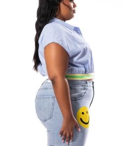 PLUS DIRTY MARTINI CROPPED SHORT SLEEVE POPLIN BLOUSE -akira shop plus dirty martini cropped short sleeve poplin blouse blue multi 4 4