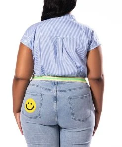 PLUS DIRTY MARTINI CROPPED SHORT SLEEVE POPLIN BLOUSE -akira shop plus dirty martini cropped short sleeve poplin blouse blue multi 5 5