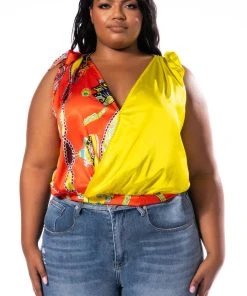 PLUS LAYOVER LUXE BOW DETAIL SLEEVELESS BLOUSE -akira shop plus layover luxe bow detail sleeveless blouse yellow multi 3 3