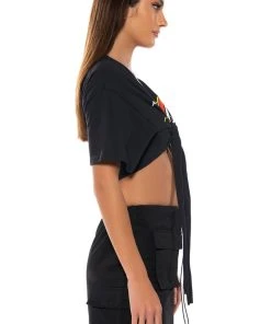 RACE TO YOUR HEART TIE FRONT TSHIRT -akira shop race to your heart tie front tshirt black multi 4 4