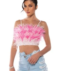 REAL OSTRICH FEATHER TOP IN PINK MULTI
