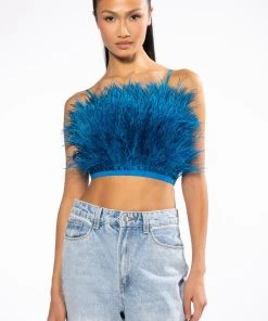 REAL OSTRICH FEATHERS CROP MESH BANDEAU -akira shop real ostrich feathers crop mesh bandeau teal 3 3