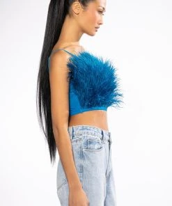 REAL OSTRICH FEATHERS CROP MESH BANDEAU -akira shop real ostrich feathers crop mesh bandeau teal 4 4