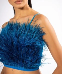 REAL OSTRICH FEATHERS CROP MESH BANDEAU -akira shop real ostrich feathers crop mesh bandeau teal 6 6