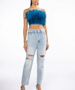 REAL OSTRICH FEATHERS CROP MESH BANDEAU -akira shop real ostrich feathers crop mesh bandeau teal 7 7