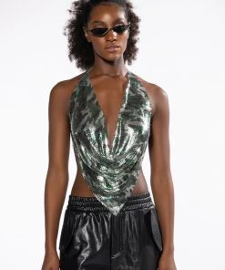 REPORTING FOR DUTY HIGH SHINE CHAINMAIL HALTER TOP -akira shop reporting for duty chainmail halter top green multi 3 3