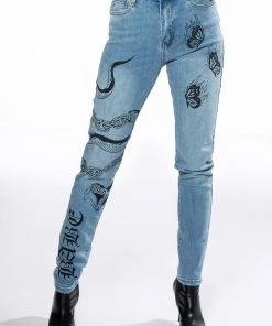 RIGHT CALL PAINTED HIGH RISE SKINNY JEANS -akira shop right call painted high rise skinny jeans medium blue denim 3 3