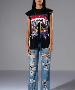 ROCK N' ROLL DESTROYED RELAXED JEANS -akira shop rock n roll destroyed relaxed jeans light blue denim 3 3