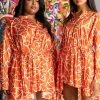 SKYART X AKIRA BUTTON UP MINI DRESS -akira shop skyart x akira button up mini dress orange multi 1 1