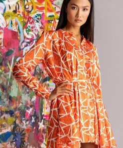 SKYART X AKIRA BUTTON UP MINI DRESS -akira shop skyart x akira button up mini dress orange multi 3 3